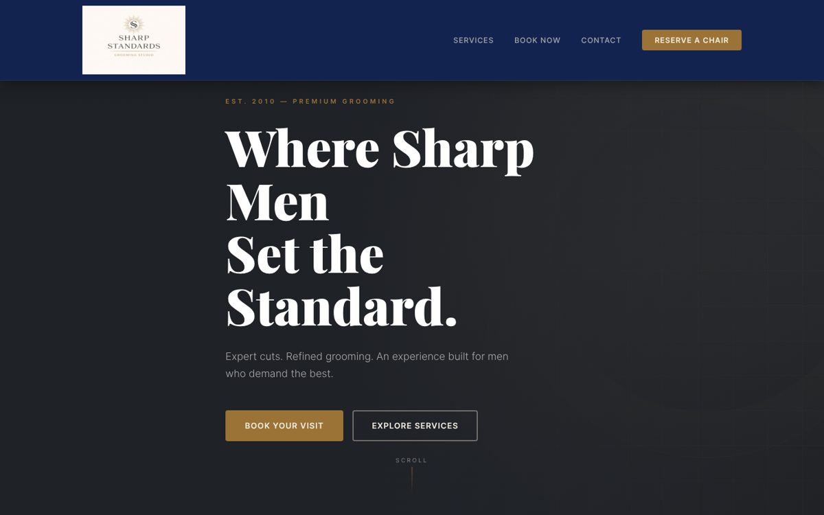 Sharp Standards barbershop website homepage